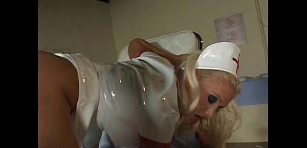  Blonde nurse babe gets a white liquid put into her ass